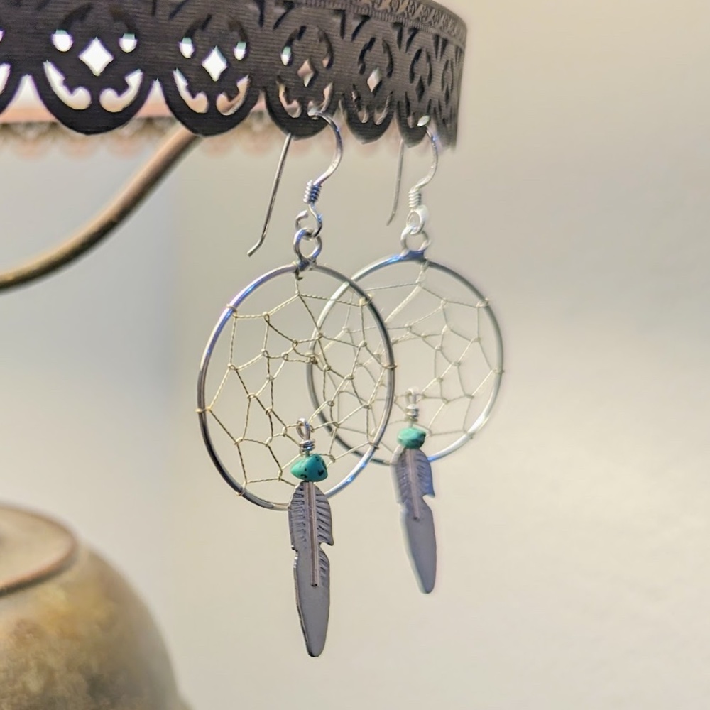 🦅 Vintage Dream Catcher Earrings Native American Sterling Silver Turquoise
